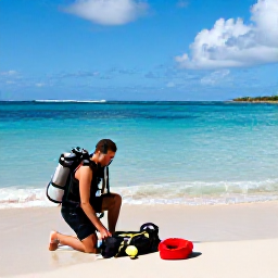 Caribbean Holidays, Guadeloupe Diving April, Friendly scuba diving instructor preparing equipment beside a tropical beach in Guadeloupe