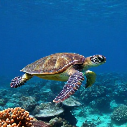Caribbean Holidays, Guadeloupe Diving April, Green sea turtle swimming above a coral reef in the Cousteau Reserve, Guadeloupe