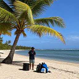 Caribbean Holidays, Guadeloupe Diving August, Friendly Guadeloupe dive instructor preparing equipment beside a tropical beach, with palm trees and calm sea