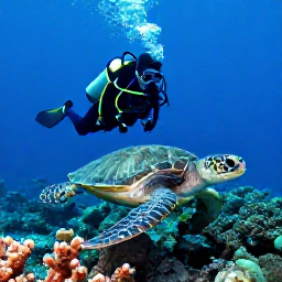 Caribbean Holidays, Guadeloupe Diving August, Scuba diver photographing sea turtle above a coral reef in the Cousteau Reserve, Guadeloupe