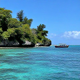 Caribbean Holidays, Guadeloupe Diving August, Small dive boat travelling along the lush volcanic coastline of Basse-Terre, Guadeloupe, under a sunny August sky