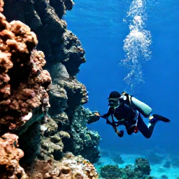 Caribbean Holidays, Guadeloupe Diving December, Divers descending beside a rocky underwater wall near the Cousteau Reserve in Guadeloupe
