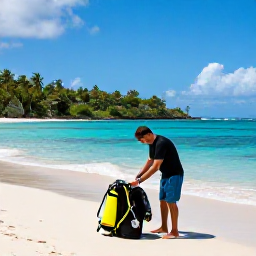 Caribbean Holidays, Guadeloupe Diving December, Friendly dive instructor preparing scuba equipment beside a tropical beach in Guadeloupe