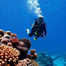 Caribbean Holidays, Guadeloupe Diving December, Scuba diver exploring colourful coral reef and clear blue water off Guadeloupe in December