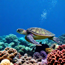 Caribbean Holidays, Guadeloupe Diving December, Sea turtle swimming above a bright Caribbean coral reef with divers in the distance