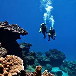 Caribbean Holidays, Guadeloupe Diving, Divers descending beside coral gardens and volcanic underwater rock formations near Basse-Terre, Guadeloupe