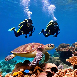 Caribbean Holidays, Guadeloupe Diving, Divers swimming beside coral gardens with tropical fish and a sea turtle in the Cousteau Reserve near Basse-Terre