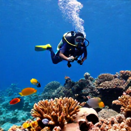 Caribbean Holidays, Guadeloupe Diving February, A clear underwater scene in Guadeloupe's Cousteau Reserve, with a scuba diver above coral reefs and colourful tropical fish