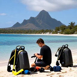 Caribbean Holidays, Guadeloupe Diving February, A friendly Guadeloupe dive centre preparing scuba equipment beside a tropical coast, with volcanic mountains in the background