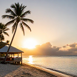 Caribbean Holidays, Guadeloupe Diving February, A peaceful Caribbean beach in Guadeloupe at sunset, with palm trees, calm turquoise water and a small local restaurant