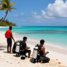 Caribbean Holidays, Guadeloupe Diving, Friendly Guadeloupe dive centre staff preparing scuba equipment beside a tropical beach