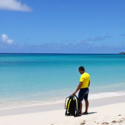 Caribbean Holidays, Guadeloupe Diving, Friendly Guadeloupe dive guide preparing scuba equipment beside a tropical beach and calm Caribbean sea