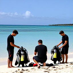Caribbean Holidays, Guadeloupe Diving January, Friendly Guadeloupe dive instructors preparing scuba equipment beside a sunny Caribbean waterfront