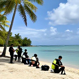 Caribbean Holidays, Guadeloupe Diving January, Friendly scuba diving group preparing equipment beside a beach in Guadeloupe with palm trees and calm sea