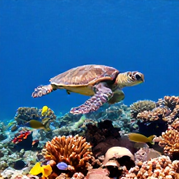 Caribbean Holidays, Guadeloupe Diving January, Sea turtle swimming above a vibrant Guadeloupe coral reef with tropical fish and divers in the distance