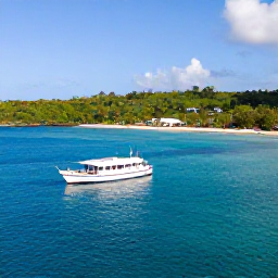 Caribbean Holidays, Guadeloupe Diving January, Traditional Guadeloupe dive boat travelling across calm turquoise Caribbean water towards a green tropical coastline