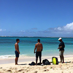 Caribbean Holidays, Guadeloupe Diving July, Friendly dive instructors preparing equipment beside a sunny Guadeloupe beach in July