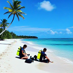 Caribbean Holidays, Guadeloupe Diving March, Friendly scuba divers preparing equipment beside a tropical Guadeloupe beach
