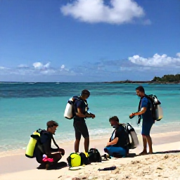 Caribbean Holidays, Guadeloupe Diving May, Friendly scuba diving group preparing equipment beside a tropical beach in Guadeloupe