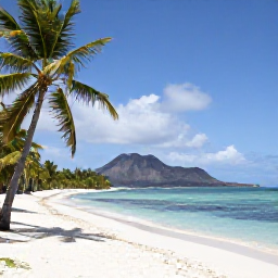Caribbean Holidays, Guadeloupe Diving May, Relaxed Caribbean beach near Bouillante, Guadeloupe, with palm trees, calm sea and volcanic hills