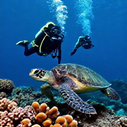 Caribbean Holidays, Guadeloupe Diving May, Scuba divers observing a hawksbill turtle above a coral reef near Basse-Terre, Guadeloupe