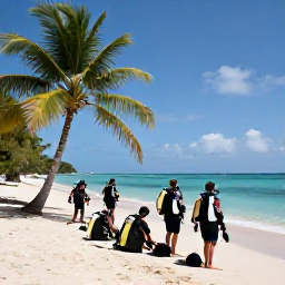 Caribbean Holidays, Guadeloupe Diving November, Friendly scuba diving group preparing equipment beside a palm-fringed beach in Guadeloupe