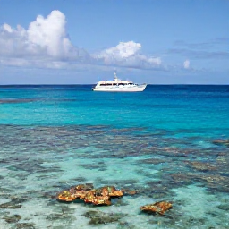 Caribbean Holidays, Guadeloupe Diving November, Tropical Guadeloupe coastline with a dive boat heading towards a coral reef on a sunny November morning