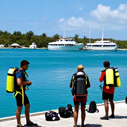 Caribbean Holidays, Guadeloupe Diving October, Friendly scuba diving instructors preparing equipment beside a tropical Guadeloupe harbour in October