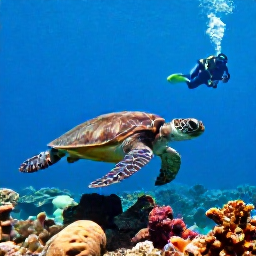 Caribbean Holidays, Guadeloupe Diving October, Sea turtle swimming above coral and sponges at a Guadeloupe dive site, with a scuba diver in the distance