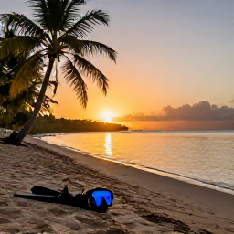 Caribbean Holidays, Guadeloupe Diving, Relaxed Caribbean beach in Guadeloupe at sunset, with palm trees, calm water and a diver's mask and fins resting on the sand