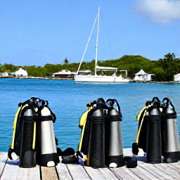 Caribbean Holidays, Guadeloupe Diving, Relaxed scuba divers rinsing equipment beside a sunny Guadeloupe marina after a reef dive
