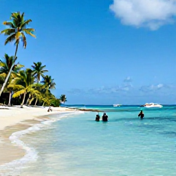 Caribbean Holidays, Guadeloupe Diving, Relaxed tropical beach on Guadeloupe with palm trees, turquoise sea and divers returning from a boat trip