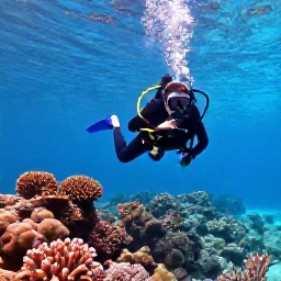 Caribbean Holidays, Guadeloupe Diving, Scuba diver exploring colourful coral reefs and clear turquoise water off Guadeloupe in June