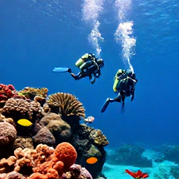 Caribbean Holidays, Guadeloupe Diving, Scuba divers descending above a volcanic underwater wall in Guadeloupe, with coral, sponges and tropical fish
