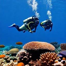 Caribbean Holidays, Guadeloupe Diving, Scuba divers descending beside a healthy Caribbean coral reef in Guadeloupe, surrounded by tropical fish and clear blue water
