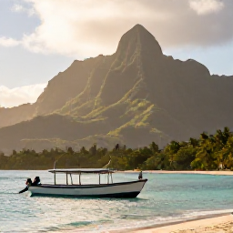 Caribbean Holidays, Guadeloupe Diving, Small dive boat leaving a tropical Guadeloupe beach at sunrise, with lush green Basse-Terre mountains in the background