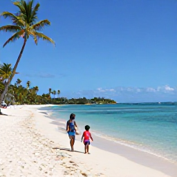 Caribbean Holidays, Guadeloupe Family Holidays, A family enjoying a sunny sandy beach with calm turquoise water and palm trees in Guadeloupe