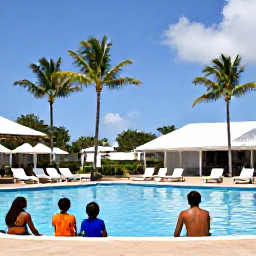 Caribbean Holidays, Guadeloupe Family Holidays, A family relaxing at a comfortable Guadeloupe hotel pool in May, with palm trees, sun loungers and bright Caribbean skies
