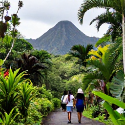 Caribbean Holidays, Guadeloupe Family Holidays, A family walking beside a rainforest waterfall in Basse-Terre, Guadeloupe, surrounded by lush tropical plants and volcanic mountains