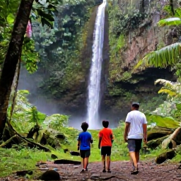 Caribbean Holidays, Guadeloupe Family Holidays, A family walking through lush tropical rainforest towards a waterfall in Guadeloupe National Park
