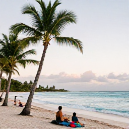 Caribbean Holidays, Guadeloupe Family Holidays, A relaxed family arriving at a sunny Guadeloupe beach in September, palm trees, calm turquoise sea and soft morning light