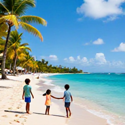 Caribbean Holidays, Guadeloupe Family Holidays, A relaxed family enjoying a sunny beach in Guadeloupe in May, with turquoise water, palm trees and soft golden sand