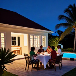Caribbean Holidays, Guadeloupe Family Holidays, A relaxed family having dinner outdoors at a Caribbean holiday villa during a warm November evening