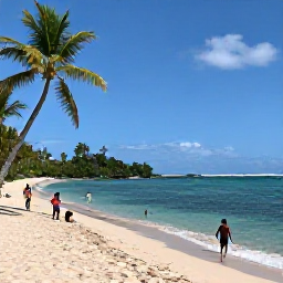 Caribbean Holidays, Guadeloupe Family Holidays, A sunny Guadeloupe beach with calm turquoise water, children playing by the shore and palm trees, realistic travel photography