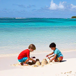 Caribbean Holidays, Guadeloupe Family Holidays, Children building sandcastles beside clear shallow water on a peaceful Guadeloupe beach