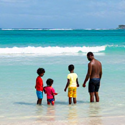 Caribbean Holidays, Guadeloupe Family Holidays, Children playing safely in shallow clear water beside parents on a Guadeloupe beach, tropical shoreline and gentle waves