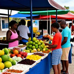 Caribbean Holidays, Guadeloupe Family Holidays, Colourful Guadeloupe market with tropical fruit, spices, local food and a family browsing stalls in a lively Caribbean town