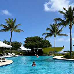 Caribbean Holidays, Guadeloupe Family Holidays, Comfortable family-friendly hotel pool in Guadeloupe with palm trees, children swimming and a bright April sky