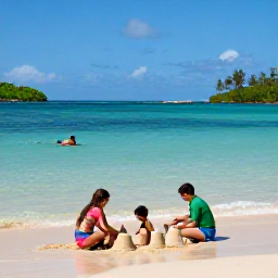 Caribbean Holidays, Guadeloupe Family Holidays, Families swimming and building sandcastles on a calm Guadeloupe beach, with clear shallow water and tropical scenery