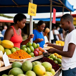 Caribbean Holidays, Guadeloupe Family Holidays, Family enjoying a colourful Guadeloupe market with tropical fruit, spices and local food stalls
